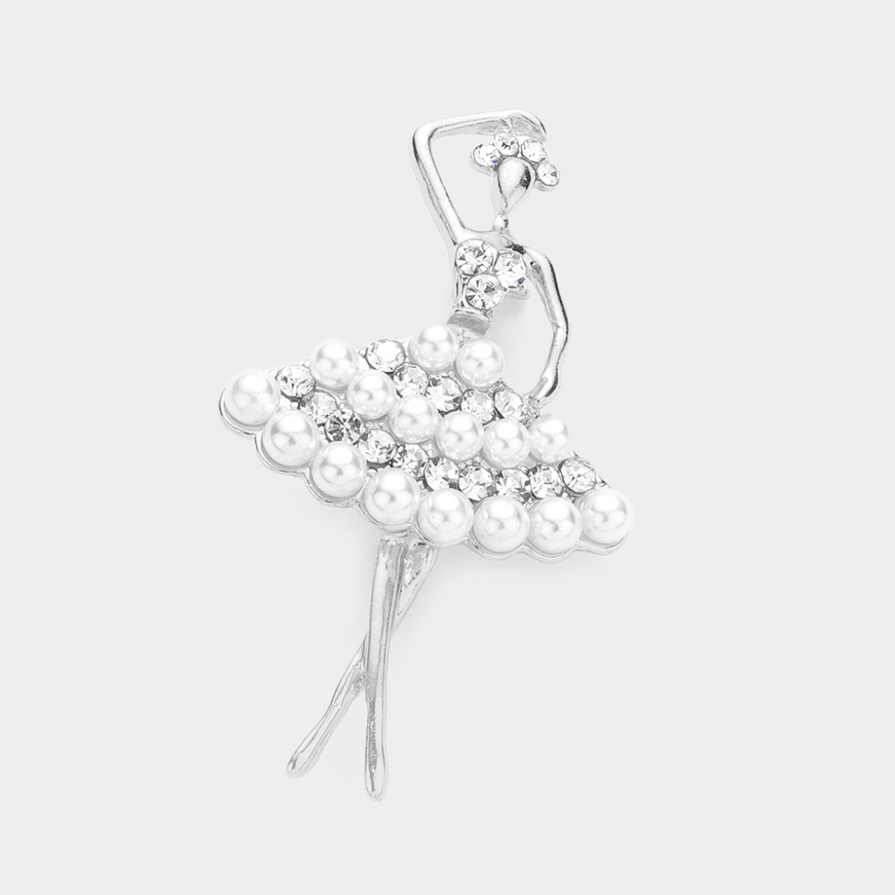 Brooch Silver Rhinestone Pearl Ballerina Fashion Statement Accessory Pin